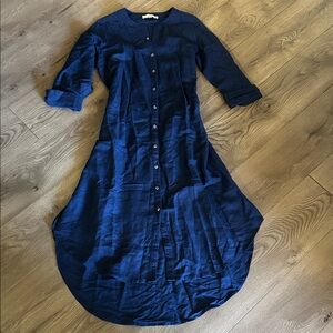 LOFT Navy High Low Button-Front Linen Blend Dress size Medium Tall